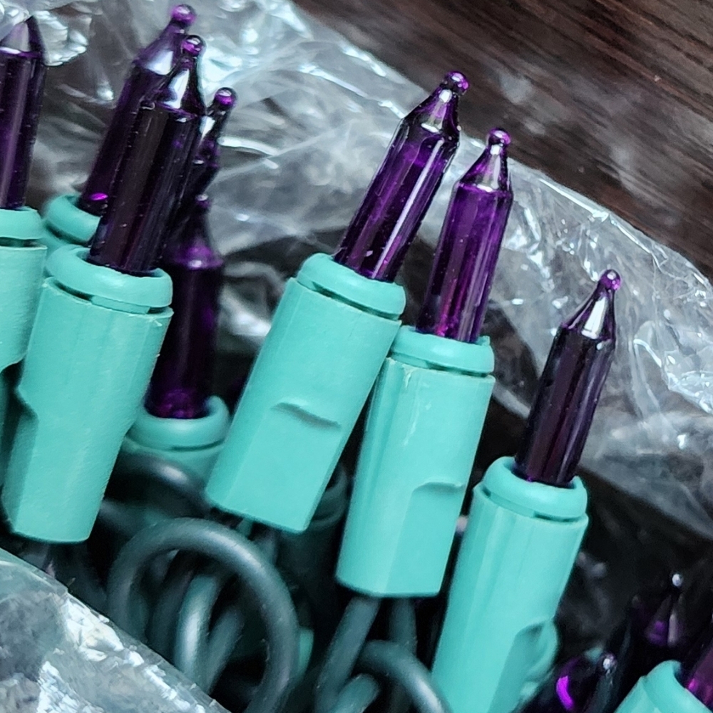 Purple Mini With Green Holiday String Lights 2 sets of 100 End To End With Fuses